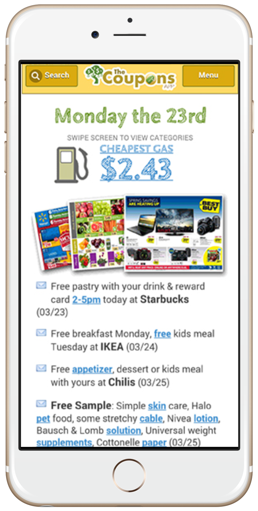 The Coupons App open on an iPhone, showing the cheapest gas nearby, weekly ads and today's free deals